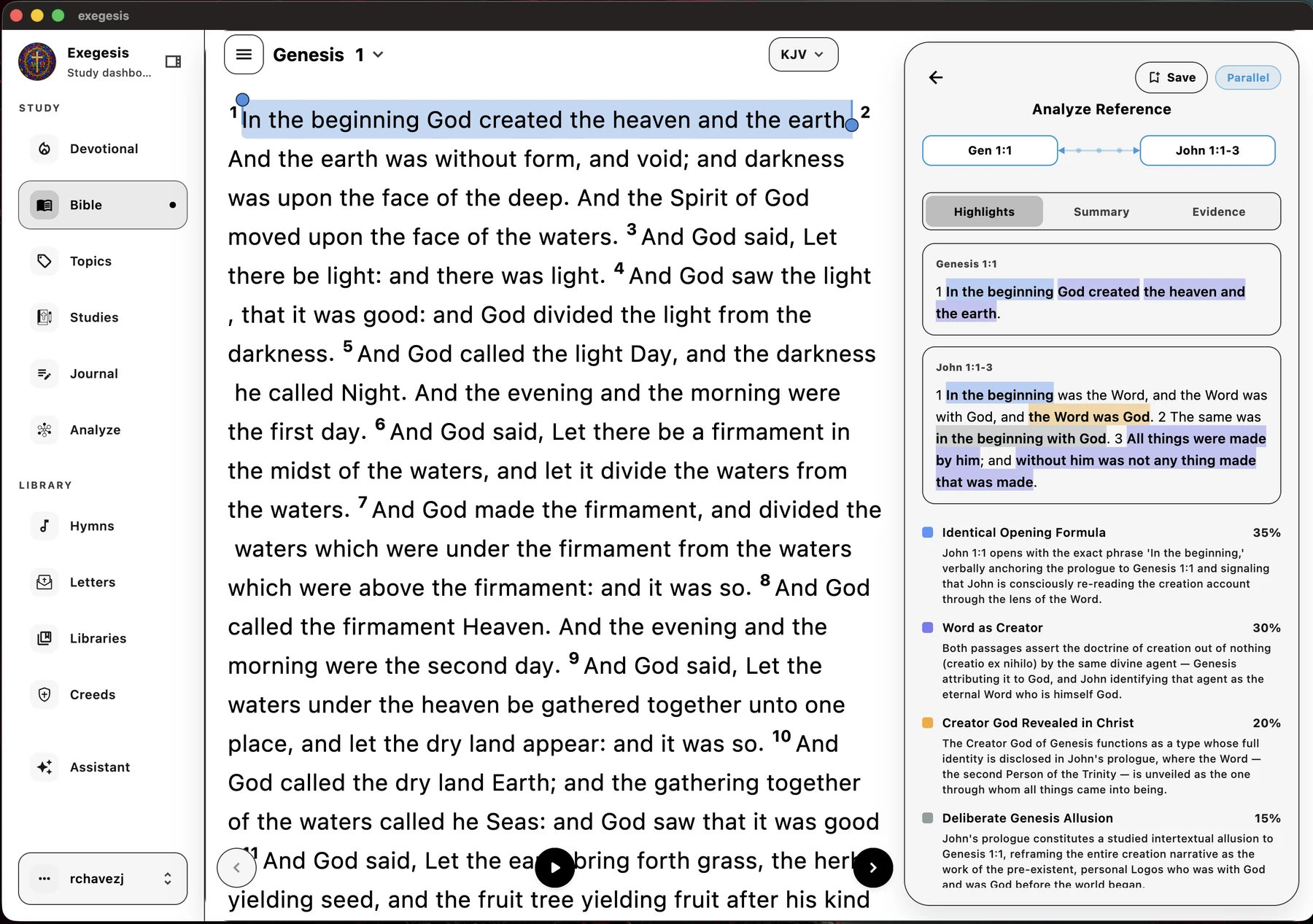Exegesis on the desktop — Genesis 1 open beside an Analyze Reference panel weighting how Genesis 1:1 and John 1:1–3 connect
