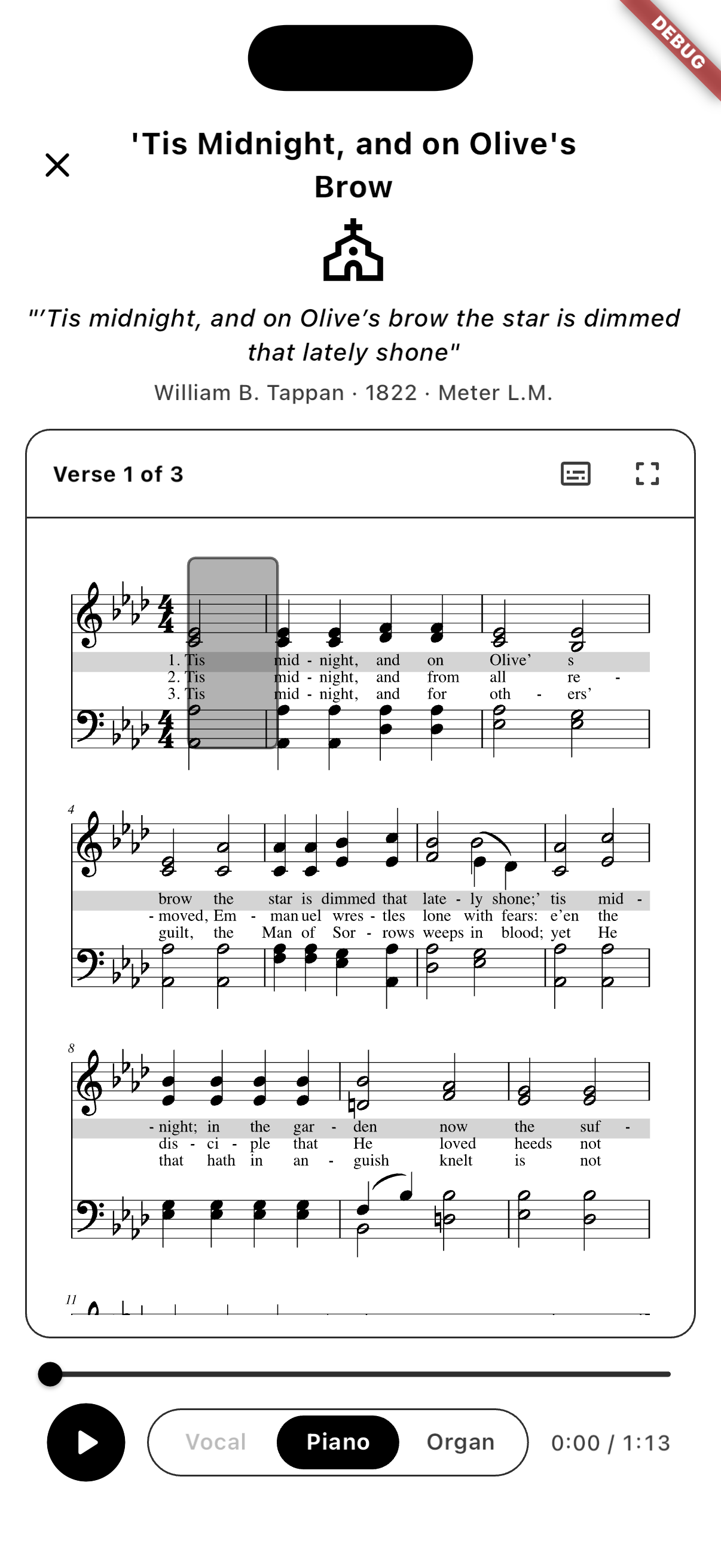 Hymn score mobile screen