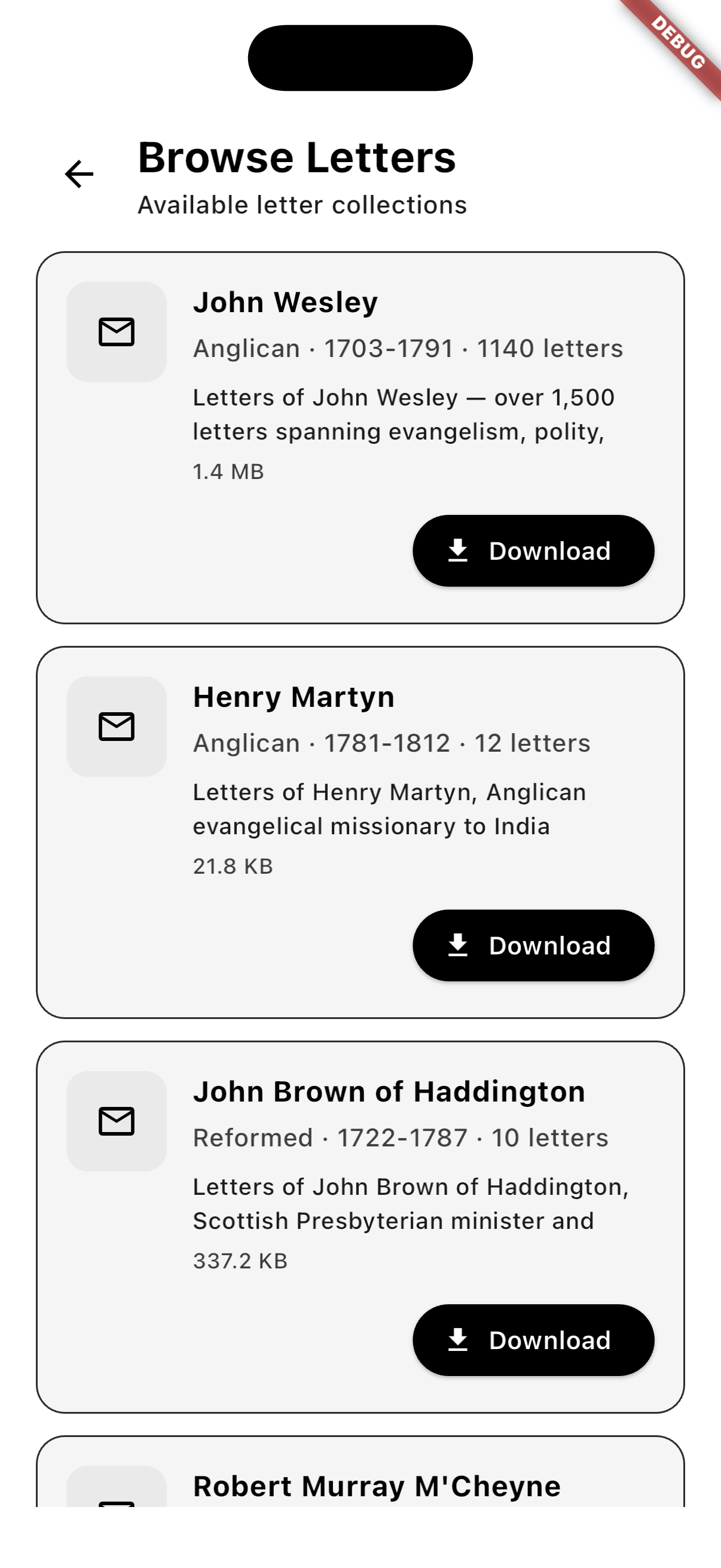 Letters catalog mobile screen