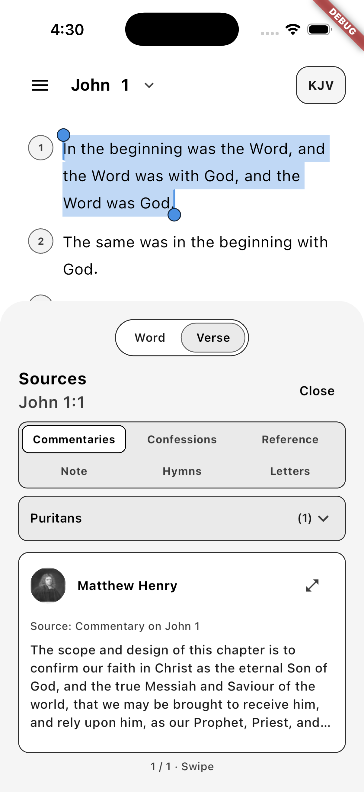 Pull every kind of source for the verse into one swipeable Sources panel. mobile screen